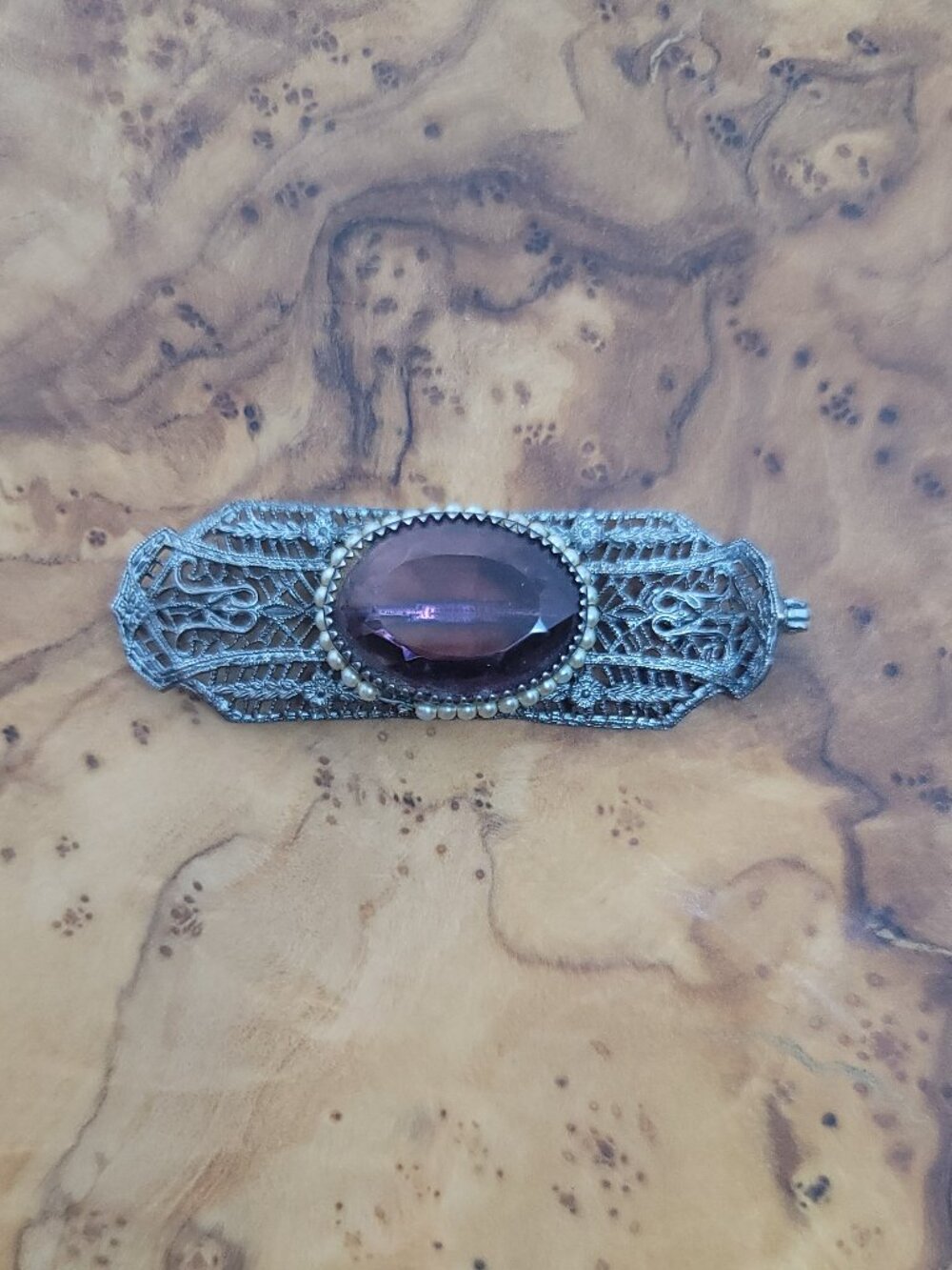 Antique Victorian Sterling, Glass & Seed Pearl Brooch